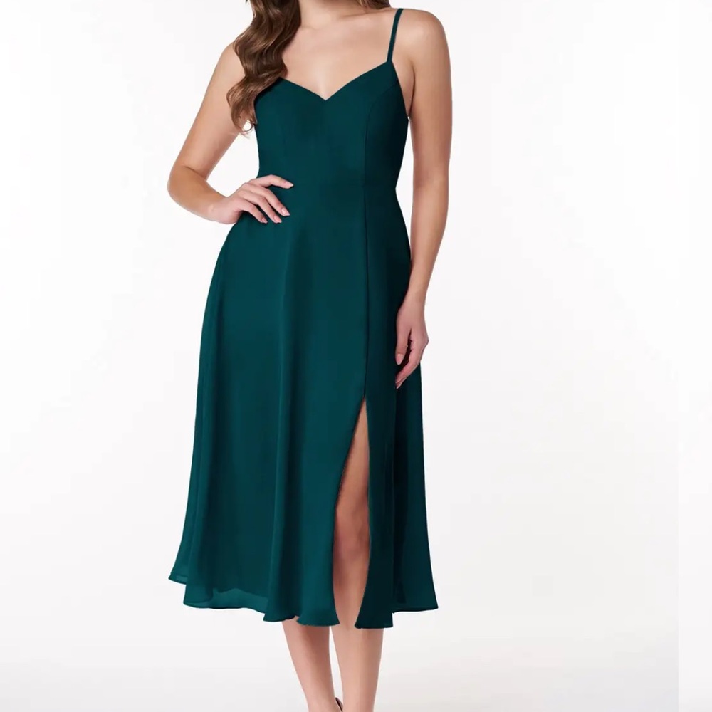 Azazie Clarissa Dark Green A-line Chiffon Dress with side Slit Size A10